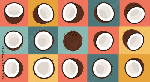 Fun retro seamless pattern featuring whole and halved brown coconuts in a colorful grid of orange, teal, and yellow squares.