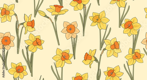 Retro style spring seamless pattern featuring beautiful yellow and orange daffodils on a warm cream background.