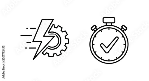Icons representing rapid execution and fast decision making processes with execution decision lightning checkmark productivity efficiency management business deadline strategic