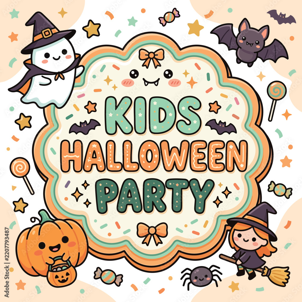Fototapeta premium Cute Kids Halloween Party invitation graphic with ghost, witch, bat, pumpkin