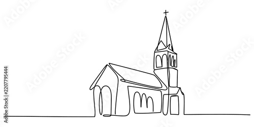 Continuous single line drawing of an old church building with a tall steeple and cross architectural structure for religious design isolated on transparent background, Vector