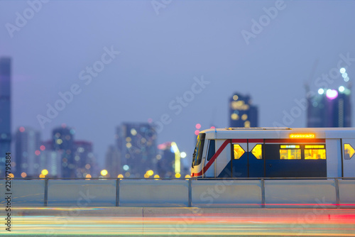 Bangkok SkyTrain or BTS with blurred city background and copy space, Sky Train is a mass transit system in Bangkok to assist facilitate and fast journey