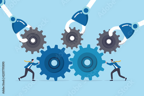 Automation system to improve process, optimize efficiency and productivity, innovation, robotic or software to help staff, employee skill development, business team help connect cogwheel gear process.