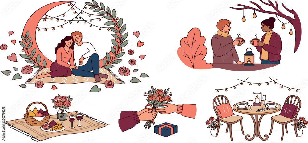 Obraz premium Romantic couple dating vector illustration element set with dinner table picnic bouquet and crescent arch