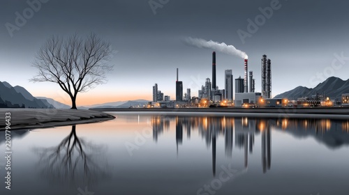 A tranquil industrial scene at dusk features a lone tree amid smokestacks and water reflections