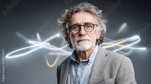Senior man poses confidently in front of abstract light background