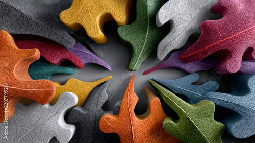 Colorful leaf puzzle pieces arranged in a circular pattern on a flat surface