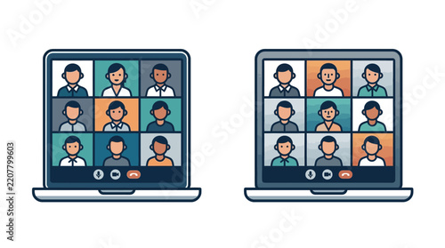 Video conference on laptop screens displaying diverse professional team members in virtual meetings.