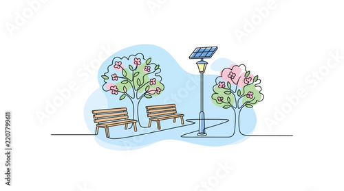 Eco park equipped with solar powered street lighting and wooden benches among blooming trees.