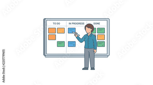 Businesswoman pointing at sticky notes on a kanban board during an agile workflow management session.