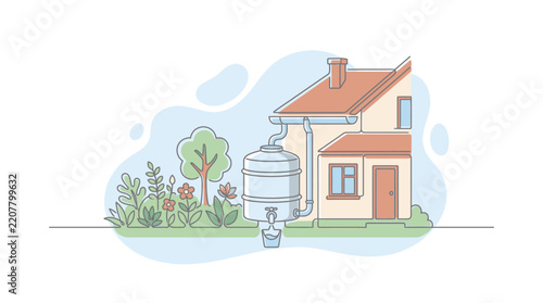 Rainwater harvesting system collects precipitation from a residential rooftop into a storage tank for garden irrigation.