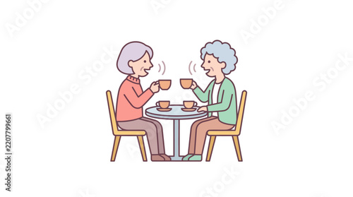 Elderly women sit together at a small table inside a cafe to drink hot tea and converse during retirement.