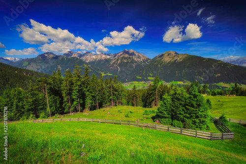 Alpine mountain panorama above a green meadow