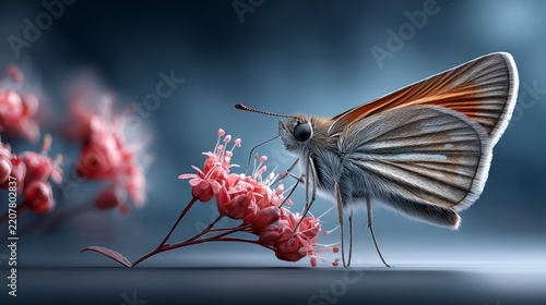 A butterfly is on pink flowers in a garden during daylight, showcasing nature's activity and beauty