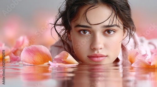 Young woman rests in water surrounded by flower petals in a serene setting