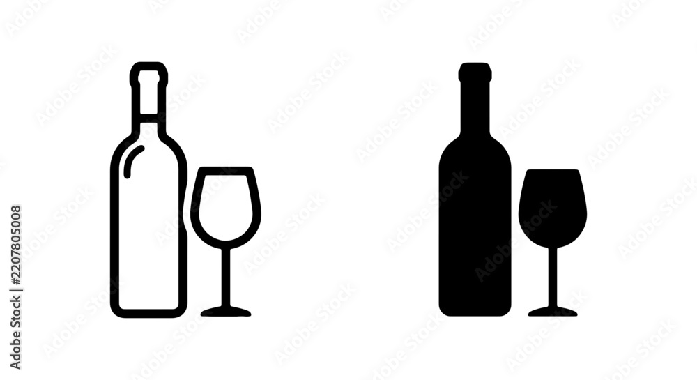 Obraz premium Wine bottle and glass symbol in outline and solid black for beverage.