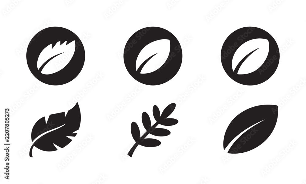 Fototapeta premium Minimalist black leaf icons set in circles and silhouettes for organic brand identity development.