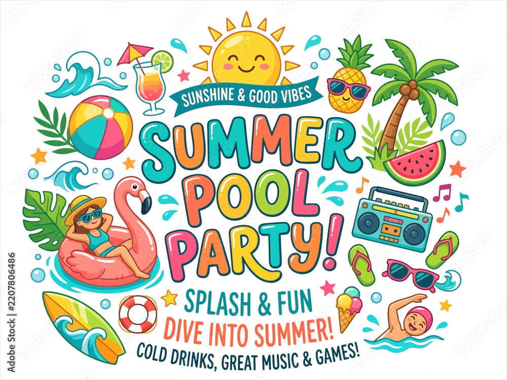 Fototapeta premium Summer typography bundle with tropical elements and beach icons on a white background