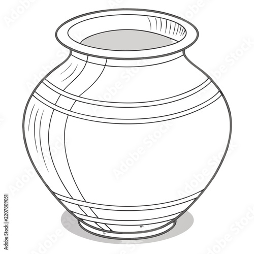 a round clay pot or vase with a wide rim and decorative horizontal bands.