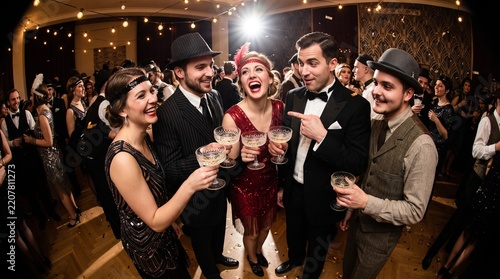 People Celebrating Roaring 20s Great Gatsby Theme Party in Vintage Elegance. 1920s Retro Gatsby Party Concept Banner with Copy Space