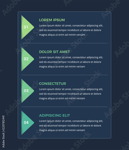Infographic template with four numbered arrow shaped element stacked vertically alongside text blocks. Dark background