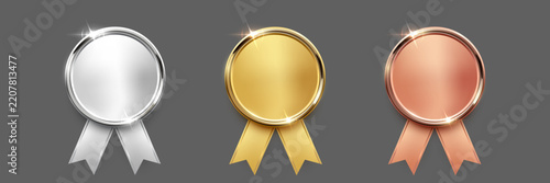 Gold, silver, bronze medals. Realistic 3D metallic award medals with ribbons, symbolizing first, second, third place in sports, competitions, athletic events. Winner emblems. Vector illustration.