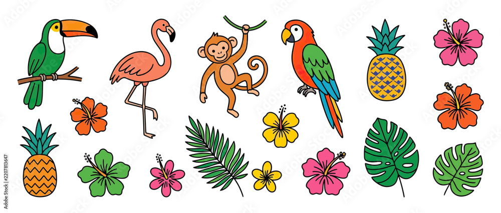 Obraz premium Tropical Collection: Toucan, Flamingo, Monkey, Parrot, Pineapple, Flowers