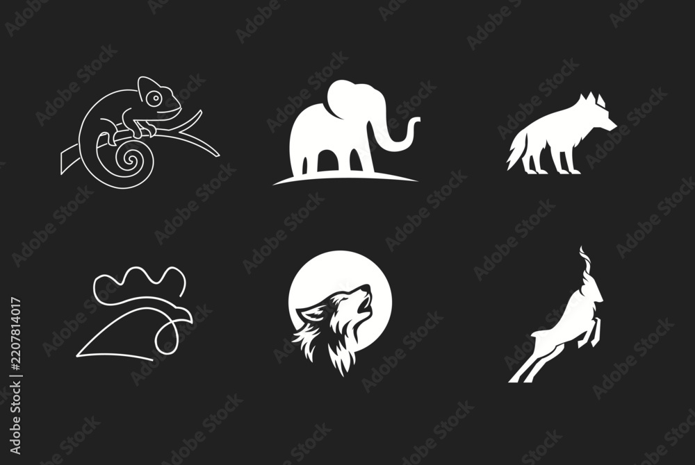 Obraz premium Stylized Animal Logos Collection: Elephant, Wolves, Chameleon, Rooster, and Antelope Vector Icons for Branding and Design