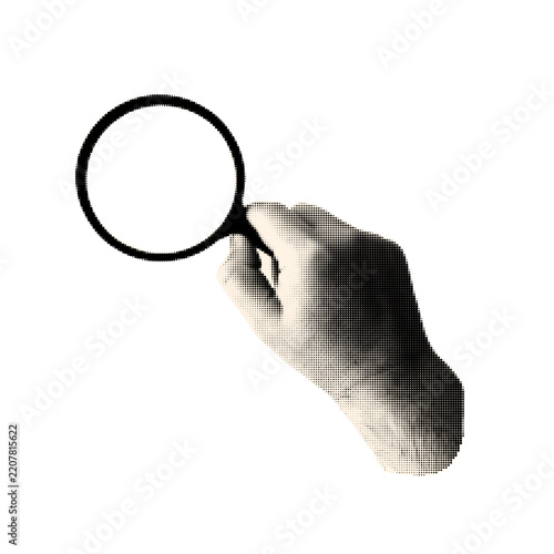Halftone hand with magnifier for collage. Hand with magnifying glass isolated on white background. Trendy vintage monochrome vector illustration