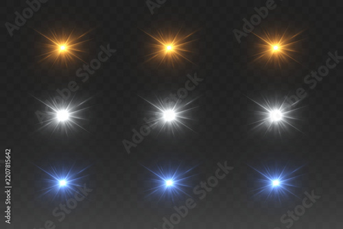 Set of colorful glowing light effects creating starburst lens flares on a transparent background