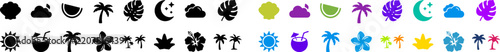 Tropical summer icons set with black silhouettes and colorful doodles on transparent background.