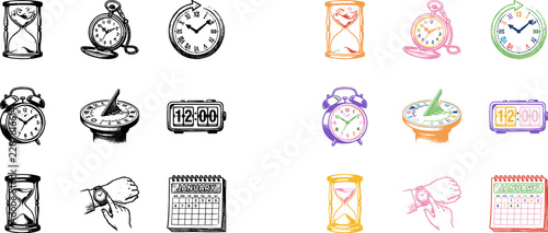 Vintage clock and timekeepers icon collection in black outline and vibrant colorful cartoon hand drawn style