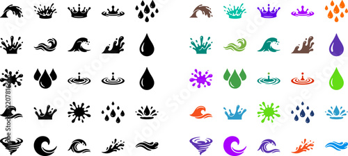 Weather icon set with water splashes and liquid drops for environmental graphic design presentations