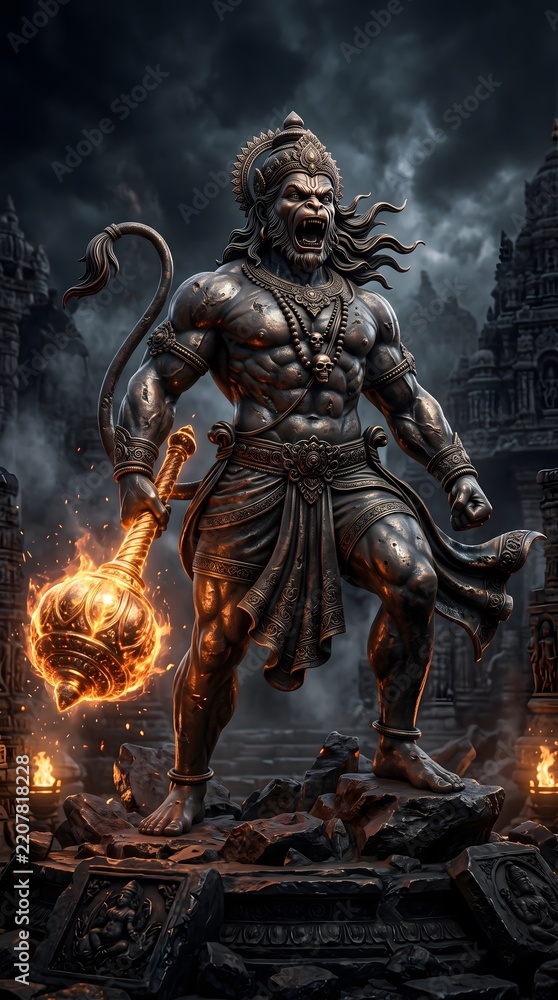 Fototapeta premium Powerful hanuman statue standing on rocks holding a flaming mace in a dark ancient temple ruins