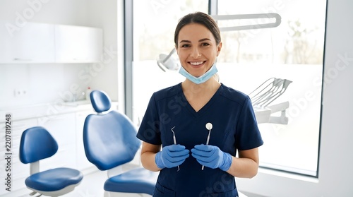 Confident female dental professional in blue scrubs holding examination tools including a mirror and explorer in a modern bright clinic. Portrait of a smiling dentist or hygienist at work.