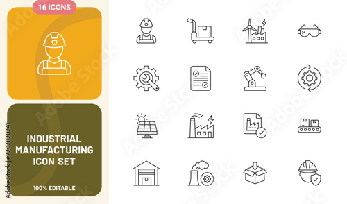 Industrial manufacturing icon set with outline style symbols for factory, worker, logistics, equipment, and production