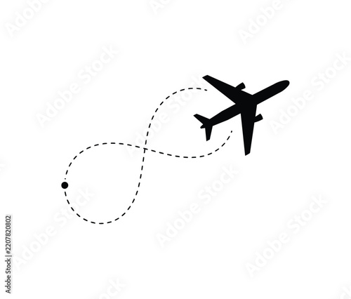 Airplane icon showing travel path flight route with dotted lines