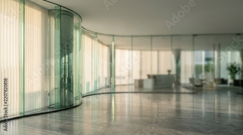 Modern office interior with curved glass walls and bright empty hallway with polished stone floor