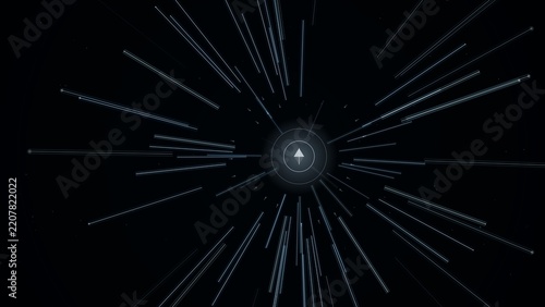 Radial streaks of cool blue light extend outward from a central upward arrow icon on a dark black background