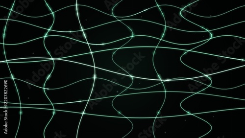 Green glowing lines and dots on a black background