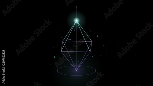 Geometric wireframe polyhedron glowing against dark cosmic background