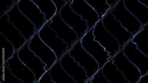 Bright blue jagged electrical wave patterns glow against a dark black background