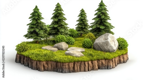 Lush green island landscape with tall pine trees and smooth rocks surrounded by vibrant grass and foliage in a tranquil setting
