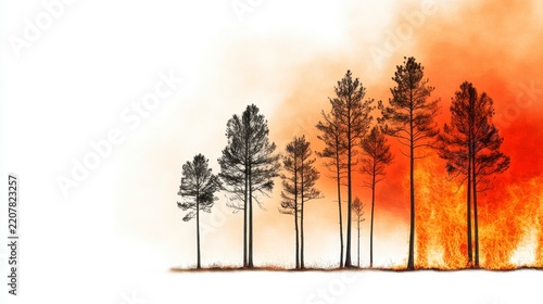 Silhouette of trees against fiery backdrop depicting the intense atmosphere of a raging forest fire in a natural landscape