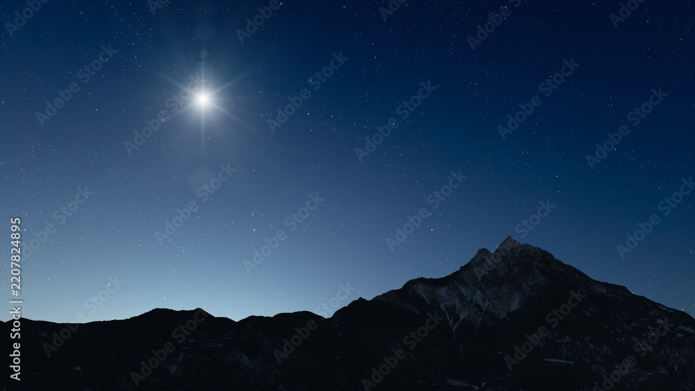 Fototapeta premium Glowing Christmas star above a peaceful mountain landscape