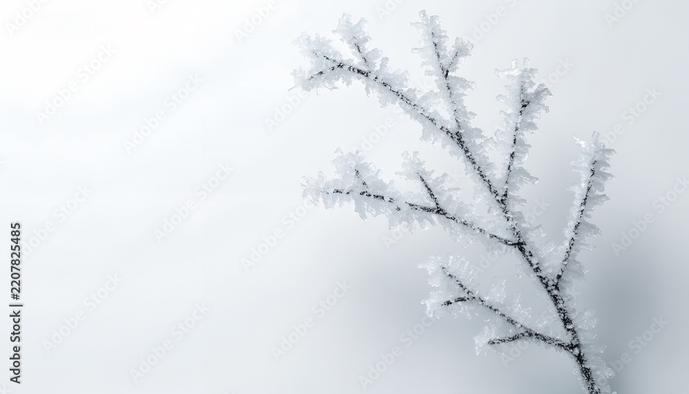 Obraz premium Frost-covered bare twig on pale icy gray background - 3