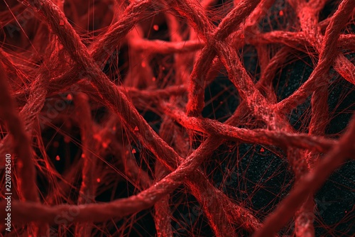 Abstract red fibers intertwine in a microscopic network. Cellular structures and fine threads create a complex biological pattern. Medical research visualizes internal body systems and disease