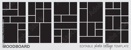 Dark photo collage moodboard template set vector layout with vertical bento grid frame collection for social media post storyboard and branding portfolio display