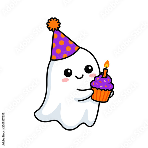 Cute ghost wearing party hat holding cupcake with candle, illustration