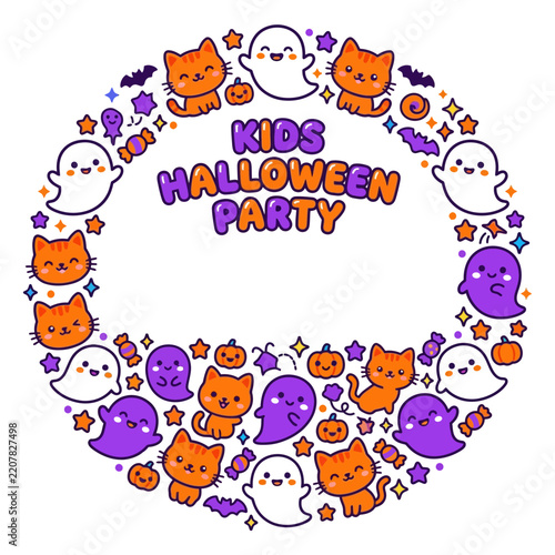 Cute Halloween Party Kids Circle Frame with Cats, Ghosts, Pumpkins